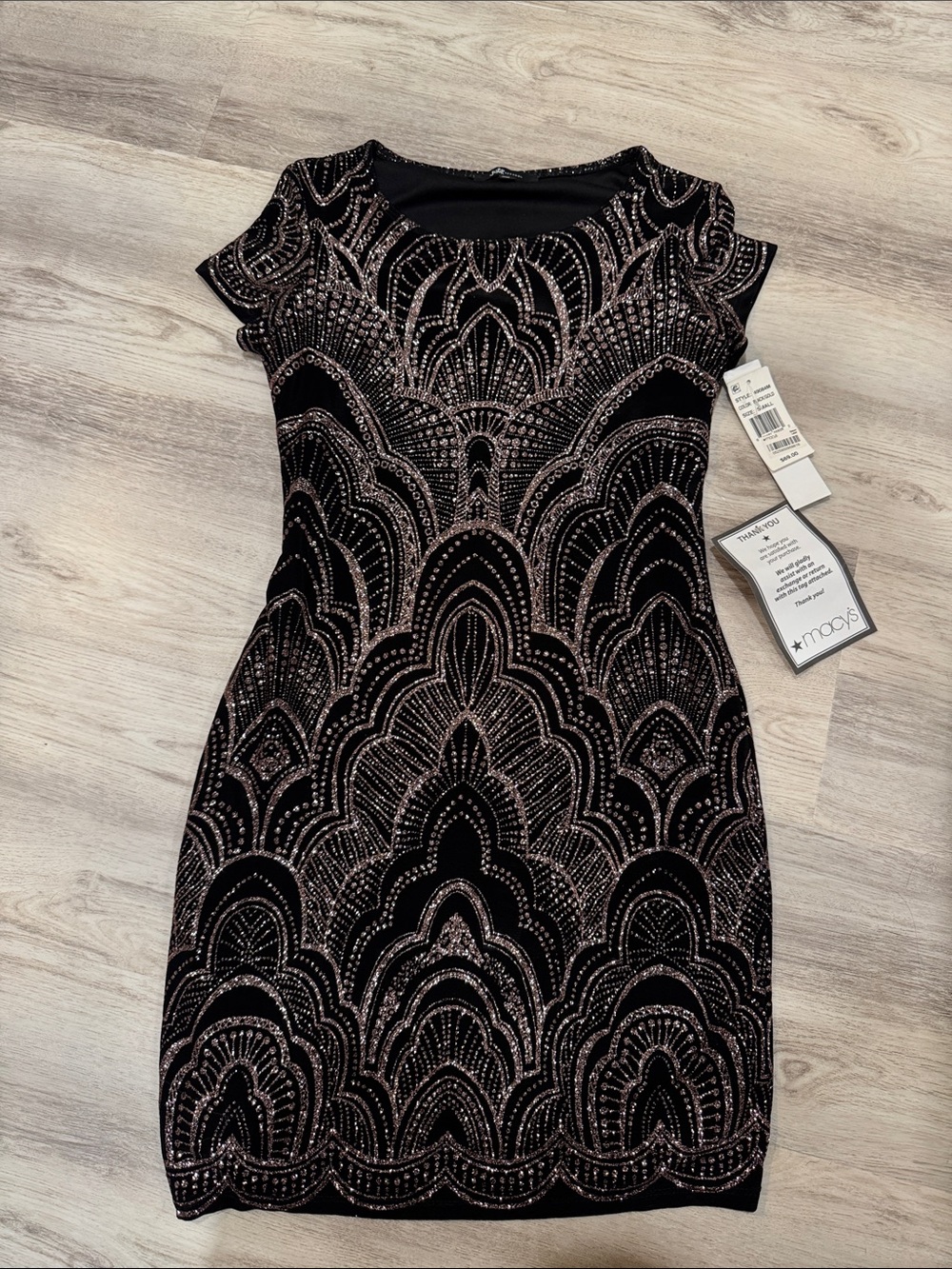 Macy's jump Black Cocktail Dress with Gold sparkles